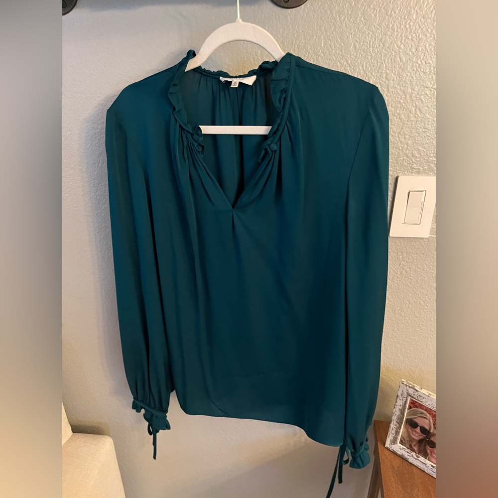 Milly Large Silk Green Blouse with ruffle hem and bows